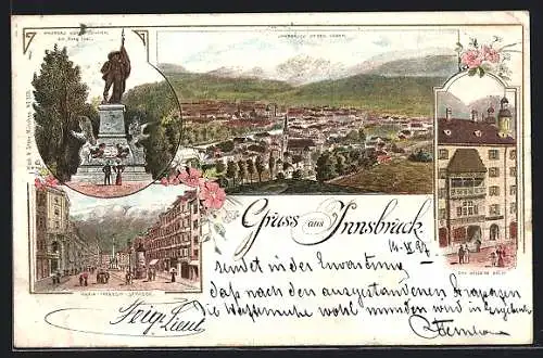 Lithographie Innsbruck, Andreas Hofer-Denkmal, Maria-Theresia-Strasse, das Goldene Dachl