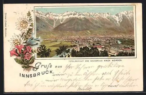 Lithographie Innsbruck, Totalansicht der Stadt nach Norden