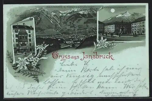 Mondschein-Lithographie Innsbruck, Margarethenplatz, das Goldene Dachl, Ortsansicht gegen Norden mit Sillschlucht