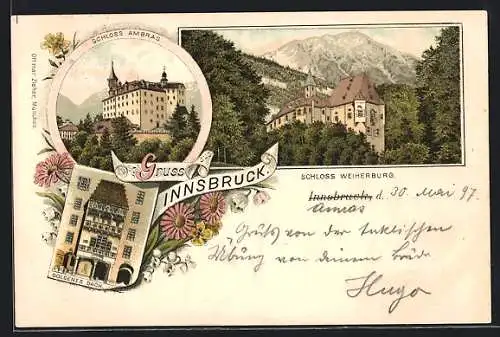 Lithographie Innsbruck, Schloss Weiherburg, Schloss Ambras, Goldenes Dach am Neuen Hof