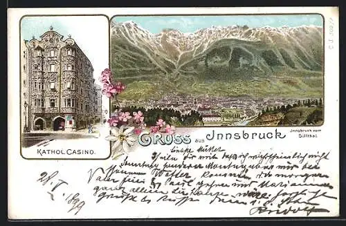 Lithographie Innsbruck, Kathol. Casino, Stadtansicht vom Sillthal her