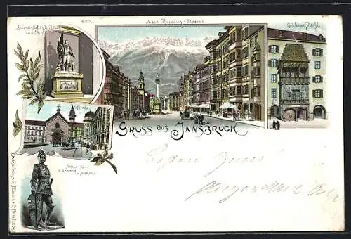 Lithographie Innsbruck, Gasthaus Goldenes Dachl, Hofkirche, Maria-Theresien-Strasse