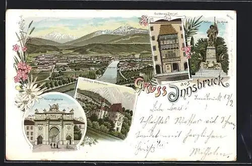 Lithographie Innsbruck, Schloss Weiherburg und Triumphpforte