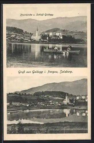 AK Goldegg i. Pongau, Pfarrkirche u. Schloss, Blick zum Ort, Ruderboot, Schwäne