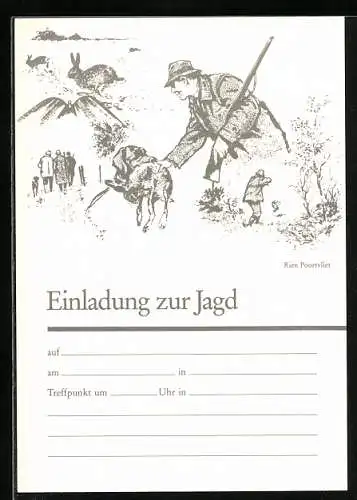 Künstler-AK Einladung zur Jagd, Jagdhund apportiert einen Hasen