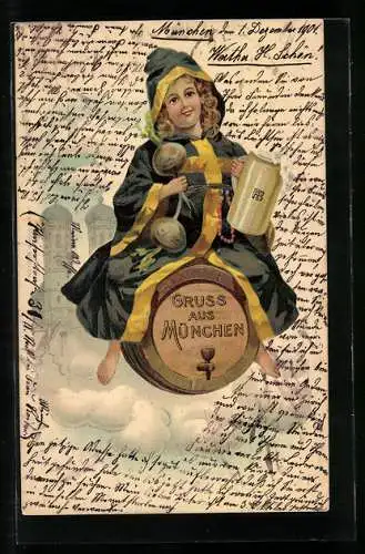 Lithographie München, Münchner Kindl fliegt auf einem Bierfass, Im Hintergrund Frauenkirche