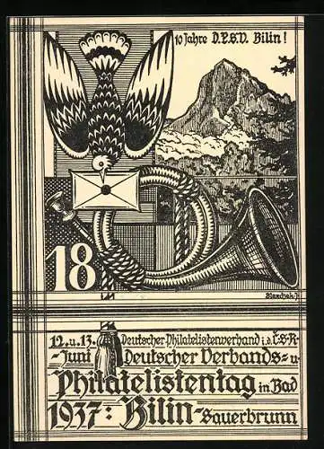 AK Bilin / Bilina, Deutscher Verbands- u. Philatelistentag 1937, Brieftaube und Posthorn