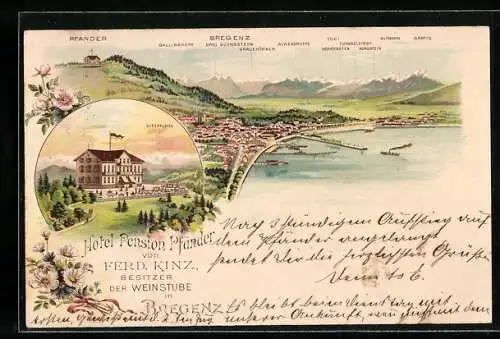 Vorläufer-Lithographie Bregenz, 1894, Hotel-Pension Pfänder von F. Kinz, Panorama mit Ort und Alpen