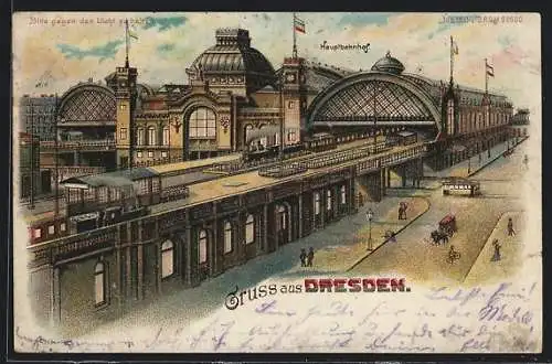 Lithographie Dresden, Hauptbahnhof, Halt gegen das Licht: Ansicht bei Nacht