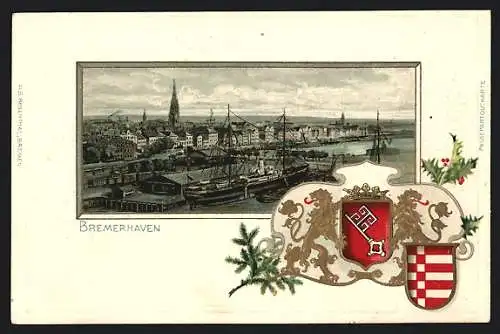 Passepartout-Lithographie Bremerhaven, Ortspanorama mit Hafen, Stadtwappen