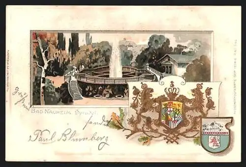 Passepartout-Lithographie Bad Nauheim, Sprudel mit Umgebung, geprägte Wappen