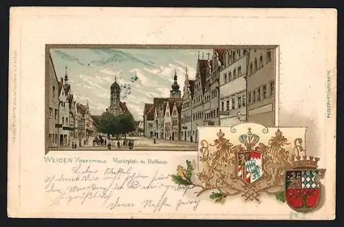 Passepartout-Lithographie Weiden i. Oberpfalz, Marktplatz mit Rathaus, Wappen