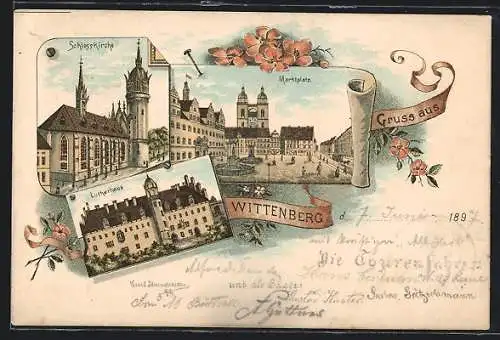 Lithographie Wittenberg / Lutherstadt, Schlosskirche, Lutherhaus, Marktplatz