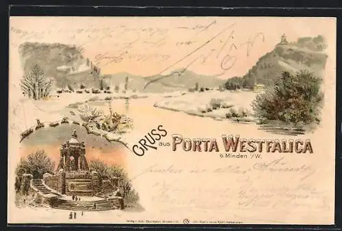 Winter-Lithographie Porta Westfalica b. Minden, Verschneites Denkmal und Flusspartie