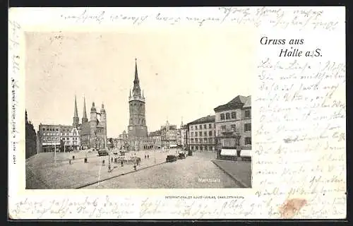 AK Halle a. S., Marktplatz mit Kirche und Strassenbahn