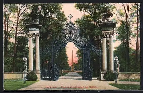 AK Potsdam, Schloss Sanssouci, Eingang am Obelisk