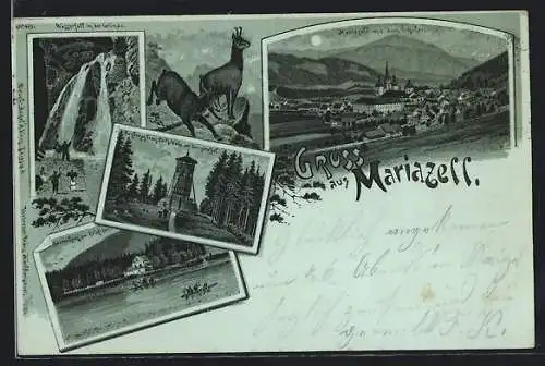 Mondschein-Lithographie Mariazell, Herrenhaus am Erlaf-See, Erzherzog Franz-Carls-Höhe am Bürgeralpel