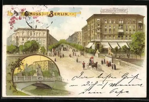 Lithographie Berlin-Tiergarten, Strassenpartie mit Cafe Albrechtshof, Herkules-Brücke