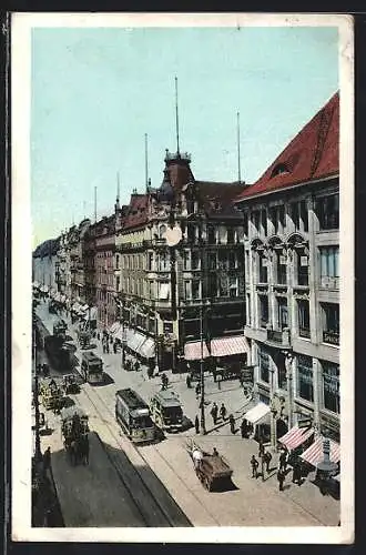 AK Berlin, Strasseneck Leipzigerstrasse und Wilhelmstrasse mit Geschäften und Strassenbahn