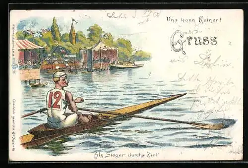 Lithographie Als Sieger durch Ziel!, Ruderer mit der Nummer 12