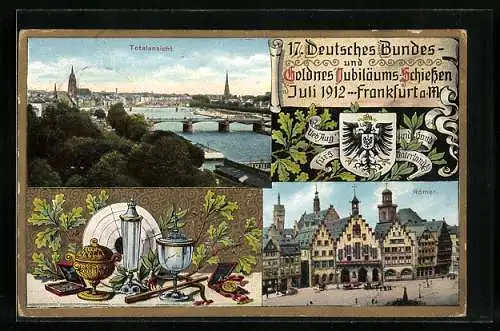 AK Frankfurt am Main, 17. Deutsches-Goldnes Jubiläums-Schiessen, Juli 1912, Römer, Brücke