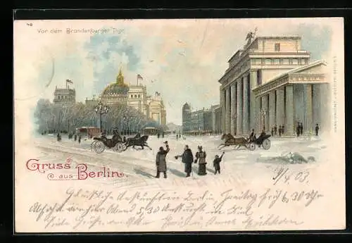 Lithographie Berlin, vor dem Brandenburger Tor im Winter