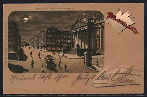 Mondschein-Lithographie Brüssel / Bruxelles, la Bourse et la Boulevard Anspach