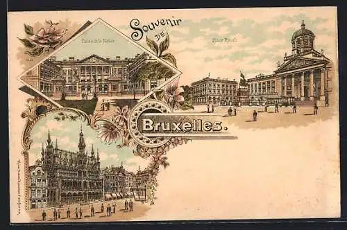 Lithographie Brüssel / Bruxelles, Maison du Roi & Maison des Tailleurs, Palais de la Nation, Place Royale