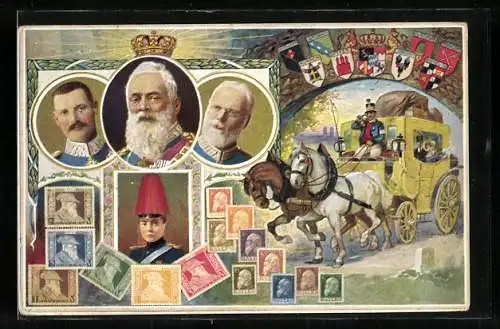 AK Bayerische Briefmarken, Prinzregent Luitpold von Bayern, Postkutsche