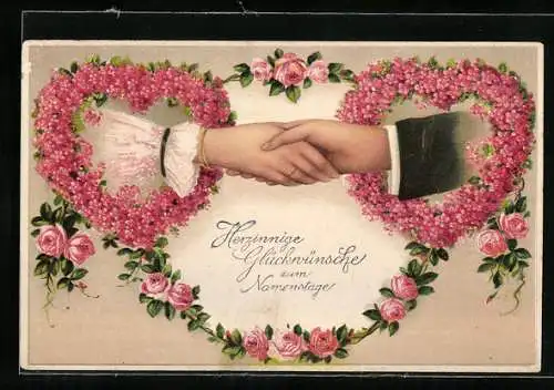 Künstler-AK Liebespaar reicht sich die Hand, Herzen aus Blüten und Rosenranken, Blumenbild