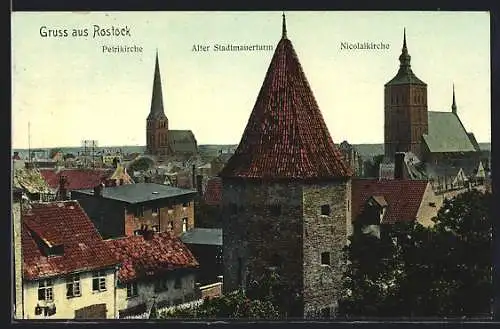 AK Rostock, Panorama mit Petrikirche, altem Stadtturm und Nicolaikirche