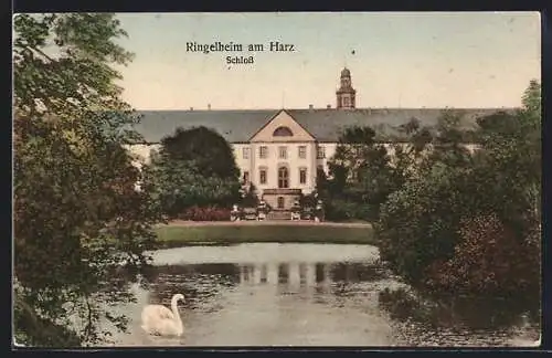 AK Ringelheim am Harz, Schloss vom Teich aus