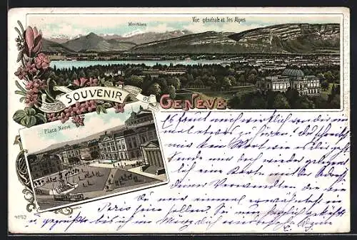 Lithographie Geneve, Vue generale et les Alpes & Montblanc, Place Neuve