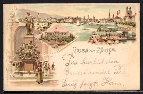 Lithographie Zürich, Flusspartie mit Brücke