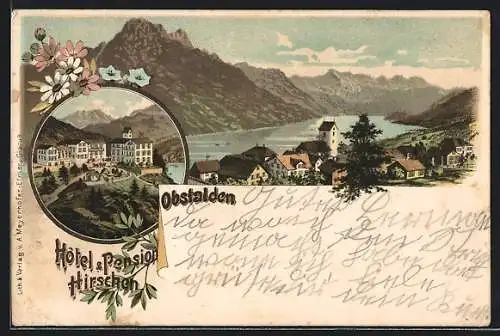 Lithographie Obstalden, Hotel & Pension Hirschen, Ortsansicht