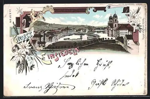 Lithographie Einsiedeln, Teilansicht mit dem Kloster