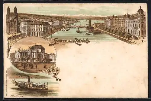 Lithographie Zürich, Ortspartie mit Limmat, Theater, Dampfschwalbe