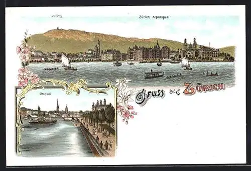 Lithographie Zürich, Panoramablick zum Alpenquai, Utoquai und Dampfer