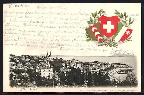 Präge-AK Neuchatel, Panorama und Wappen