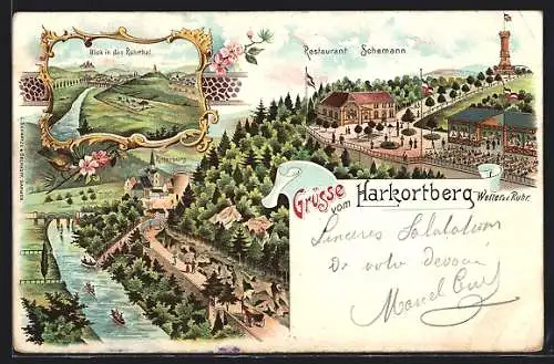 Lithographie Wetter a. d. R., Harkortberg, Ritterburg, Blick in das Ruhrthal