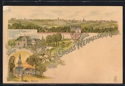 Lithographie Wermelskirchen, Eifgen, Markt und Wappen