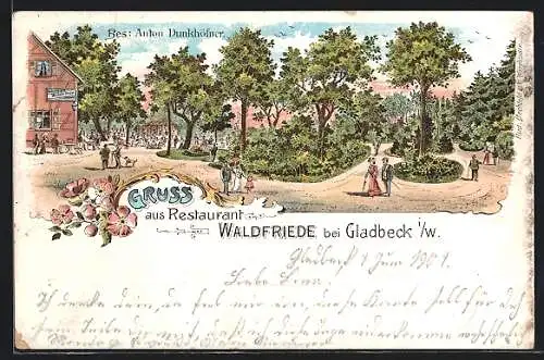 Lithographie Gladbeck i. W., Idyll am Restaurant Waldfriede