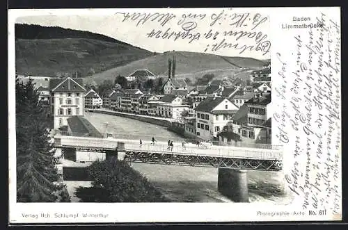 AK Baden, Ortsansicht mit Limmatbrücke