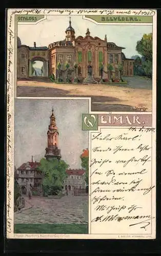 Künstler-Lithographie Albert Stagura: Weimar / Thüringen, Schloss Belvedere