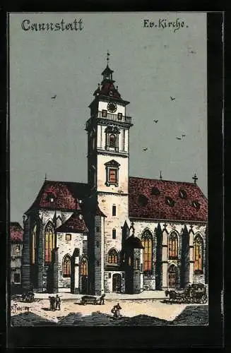 Künstler-AK Eugen Felle: Stuttgart-Cannstatt, Evangelische Kirche mit Passanten