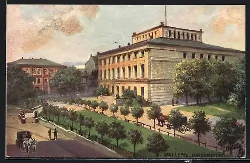 Künstler-AK Halle / Saale, Blick auf die Universität mit Strasse und Kutschen