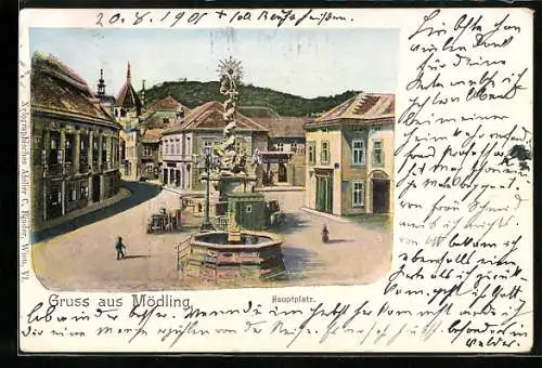 AK Mödling, Hauptplatz mit Brunnen und Pestsäule