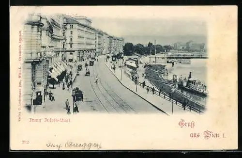 AK Wien, Franz Josefs-Quai, Strassen-Verkehr und Dampfer am Anleger