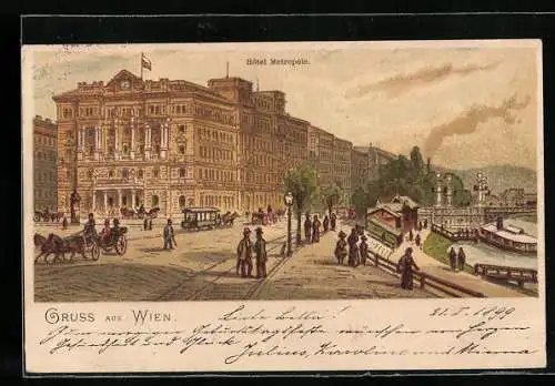 AK Wien, Hotel Metropole mit Pferdebahn und Leuten