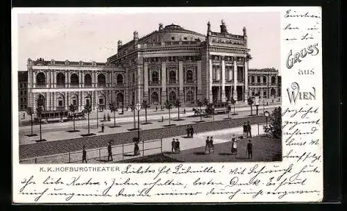 Lithographie Wien, K. K. Hofburgtheater, davor Pferdebahnen